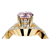Halo Engagement Ring Setting for Fancy Pink Oval Center with Pave Infinity Twist Band and Prong Head in Yellow Gold