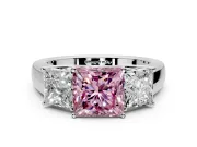 3 Stone Engagement Ring Setting for Fancy Pink Princess Cut Center with Raised Basket Heads and Prong Head in Sterling Silver