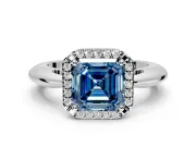 Halo Engagement Ring Setting for Fancy Blue Asscher Cut Center with Tapered Plain Band and Prong Head in Sterling Silver