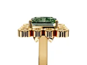 Cluster Halo Engagement Ring Setting for Fancy Green Radiant Cut Center with Milgrain Bezel Accents and Prong Head in Yellow Gold