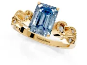 Leaf Engagement Ring Setting for Fancy Blue Emerald Cut Center with Milgrain Accent Band and Prong Head in Yellow Gold