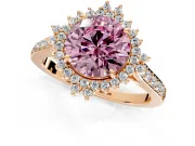 Sunburst Halo Engagement Ring Setting for Fancy Pink Round Cut Center with Pave Band and Prong Head in Rose Gold