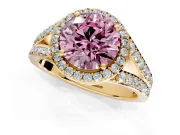 Halo Engagement Ring Setting for Fancy Pink Round Cut Center with Narrow Pave Split Shank and Prong Head in Yellow Gold