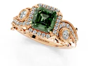 Milgrain Halo Engagement Ring Setting for Fancy Green Asscher Cut Center with Shoulder Bezels and Prong Head in Rose Gold