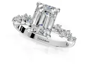Solitaire Engagement Ring Setting for Emerald Cut Center with Trailing Leaf Accent Band and Prong Head in Sterling Silver
