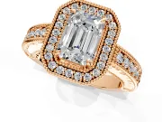 Milgrain Halo Engagement Ring Setting for Emerald Cut Center with Pave Band and Prong Head in Rose Gold