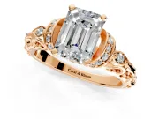 Solitaire Engagement Ring Setting for Emerald Cut Center with Filigree Band and Prong Head in Rose Gold