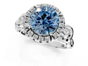 Halo Engagement Ring Setting for Fancy Blue Round Cut Center with Open Scroll Shoulders and Prong Head in Sterling Silver