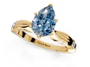 Solitaire Engagement Ring Setting for Fancy Blue Pear-Shaped Center with Carved Leaf Shoulders and Prong Head in Yellow Gold