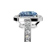 Bezel-Framed Halo Engagement Ring Setting for Fancy Blue Radiant Cut Center with Pave Band and Prong Head in White Gold