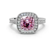 Halo Engagement Ring Setting for Fancy Pink Cushion Cut Center with Milgrain Halo, Pave Band and Prong Head in Platinum