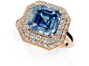 Halo Engagement Ring Setting for Fancy Blue Asscher Cut Center with Plain Tapered Band and Prong Head in Rose Gold