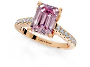 Solitaire Engagement Ring Setting for Fancy Pink Emerald Cut Center with Widening Pave Band and Claw Prong Head in Rose Gold