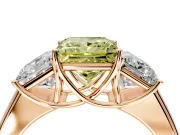 3 Stone Engagement Ring Setting for Fancy Yellow Princess Cut Center with Raised Basket Heads and Prong Head in Rose Gold