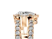 Halo Engagement Ring Setting for Pear-Shaped Center with Wide-Open Pave Split Shank and Prong Head in Rose Gold