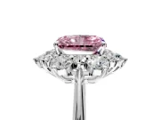 Small-Accent Cluster Halo Engagement Ring Setting for Fancy Pink Radiant Cut Center with Plain Band and Prong Head in Platinum
