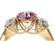 3 Stone Engagement Ring Setting for Fancy Pink Round Cut Center with Raised Basket Heads and Prong Head in Yellow Gold