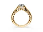 Solitaire Engagement Ring Setting for Round Cut Center with Engraved Pave Band and Prong Head in Yellow Gold