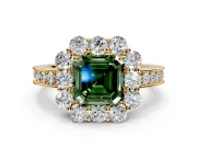 Halo Engagement Ring Setting for Fancy Green Asscher Cut Center with Milgrain Channel Band and Prong Head in Yellow Gold