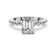 Solitaire Engagement Ring Setting for Emerald Cut Center with Bezel-Dot Beaded Band and Prong Head in Platinum