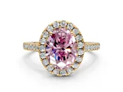 Halo Engagement Ring Setting for Fancy Pink Oval Center with Narrowing Pave Band and Prong Head in Yellow Gold