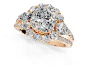 Halo Engagement Ring Setting for Cushion Cut Center with Two-Strand Split Shank and Prong Head in Rose Gold