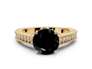 Solitaire Engagement Ring Setting for Fancy Black Round Cut Center with Engraved Pave Band and Prong Head in Yellow Gold