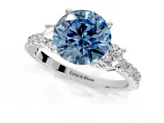 3 Stone Engagement Ring Setting for Fancy Blue Round Cut Center with Round Cut Side Accents and Prong Head in Sterling Silver