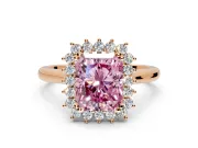 Starburst Halo Engagement Ring Setting for Fancy Pink Radiant Cut Center with Thin Round-Wire Band and Prong Head in Rose Gold