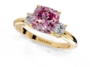 3 Stone Engagement Ring Setting for Fancy Pink Cushion Cut Center with Wide Plain Band and Prong Head in Yellow Gold