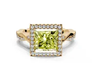 Halo Engagement Ring Setting for Fancy Yellow Princess Cut Center with Twist Band and Prong Head in Yellow Gold