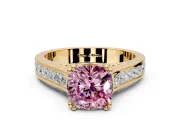 Solitaire Engagement Ring Setting for Fancy Pink Cushion Cut Center with Channel Band and Double Claw Prong Head in Yellow Gold