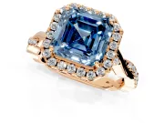 Halo Engagement Ring Setting for Fancy Blue Asscher Cut Center with Twist Band and Prong Head in Rose Gold
