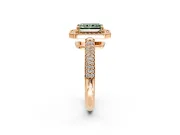 Milgrain Halo Engagement Ring Setting for Fancy Green Radiant Cut Center with Three-Sided Pave Band and Prong Head in Rose Gold