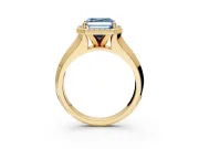 Halo Engagement Ring Setting for Fancy Blue Asscher Cut Center with Knife Ridge Cathedral Band and Prong Head in Yellow Gold