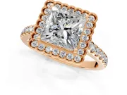 Milgrain Floral Halo Engagement Ring Setting for Princess Cut Center with Pave Band and Prong Head in Rose Gold
