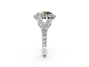 Double Halo Engagement Ring Setting for Fancy Green Oval Center with Narrow Pave Split Shank and Prong Head in Platinum