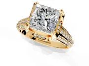 Solitaire Engagement Ring Setting for Princess Cut Center with Accented Split Shank and Prong Head in Yellow Gold