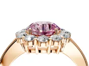 Halo Engagement Ring Setting for Fancy Pink Round Cut Center with Milgrain Channel Band and Prong Head in Rose Gold