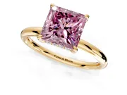 Hidden Halo Engagement Ring Setting for Fancy Pink Princess Cut Center with Thin Rounded Band and Prong Head in Yellow Gold