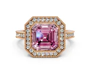Halo Engagement Ring Setting for Fancy Pink Asscher Cut Center with Milgrain Halo, Pave Band and Prong Head in Rose Gold