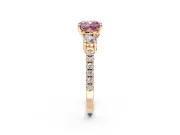3 Stone Engagement Ring Setting for Fancy Pink Cushion Cut Center with Round Cut Side Accents and Prong Head in Rose Gold