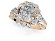 Halo Engagement Ring Setting for Radiant Cut Center with Two-Strand Split Shank and Prong Head in Rose Gold