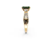 3 Stone Engagement Ring Setting for Fancy Green Emerald Cut Center with Pave Split Shank and Prong Head in Yellow Gold