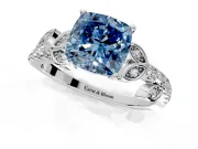 Leaf Motif Engagement Ring Setting for Fancy Blue Cushion Cut Center with Pave Band and Prong Head in Sterling Silver