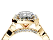 Halo Engagement Ring Setting for Emerald Cut Center with Twist Band and Prong Head in Yellow Gold