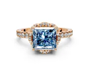 Halo Engagement Ring Setting for Fancy Blue Princess Cut Center with Openwork Halo, Pave Band and Prong Head in Rose Gold