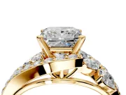 Halo Engagement Ring Setting for Princess Cut Center with Marquise and Pave Bypass Band and Prong Head in Yellow Gold