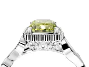 Halo Engagement Ring Setting for Fancy Yellow Radiant Cut Center with Leaf Motif Split Shank and Prong Head in Platinum
