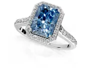 Halo Engagement Ring Setting for Fancy Blue Radiant Cut Center with Pave Accents, Heart Basket and Prong Head in Platinum